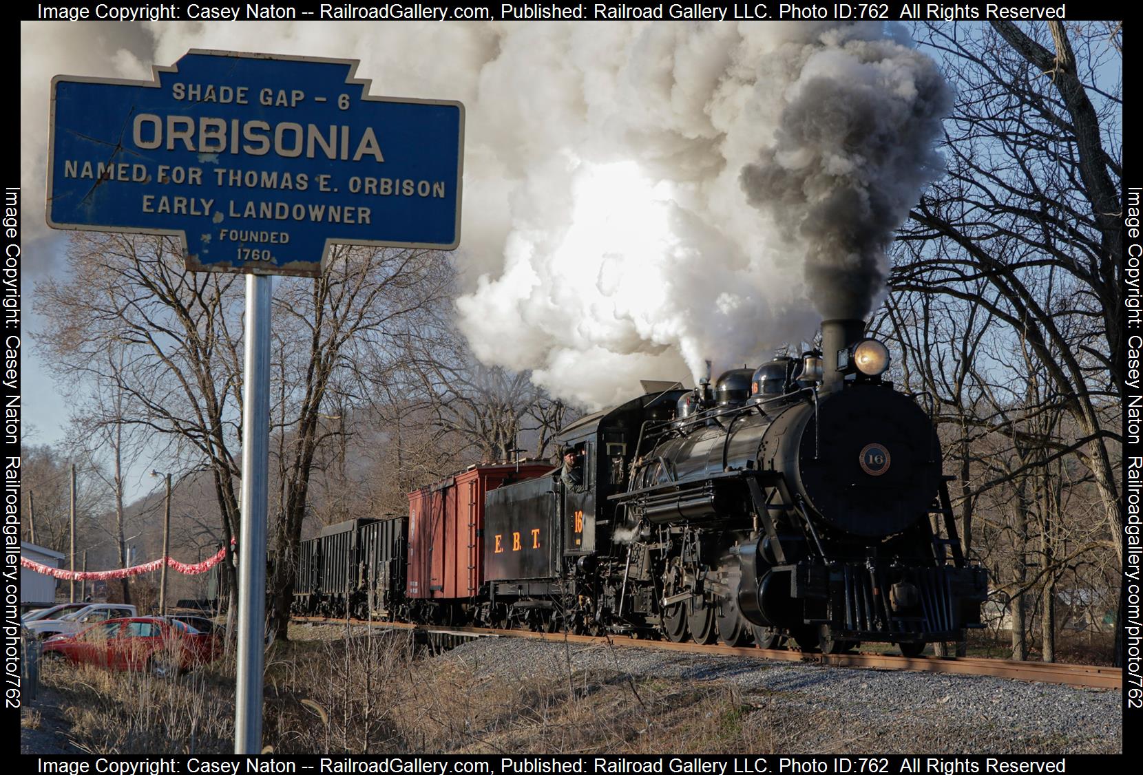 EBT 16 is a class 2-8-2 and  is pictured in Orbisonia, Pennsylvania, United States.  This was taken along the East Broad Top on the East Broad Top. Photo Copyright: Casey Naton uploaded to Railroad Gallery on 02/26/2023. This photograph of EBT 16 was taken on Saturday, February 18, 2023. All Rights Reserved. 